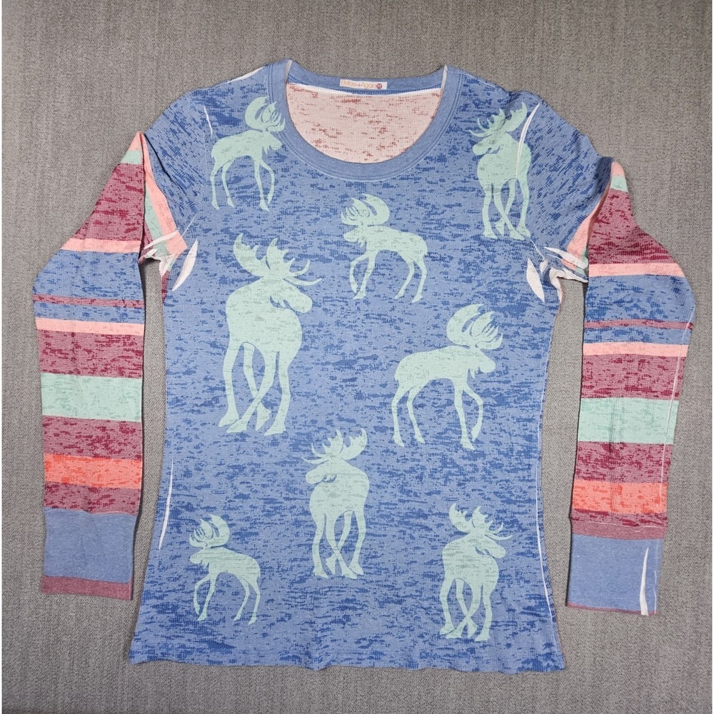 Before And Again Women's Top Long Sleeve Crew Neck Moose Design Sz Medium